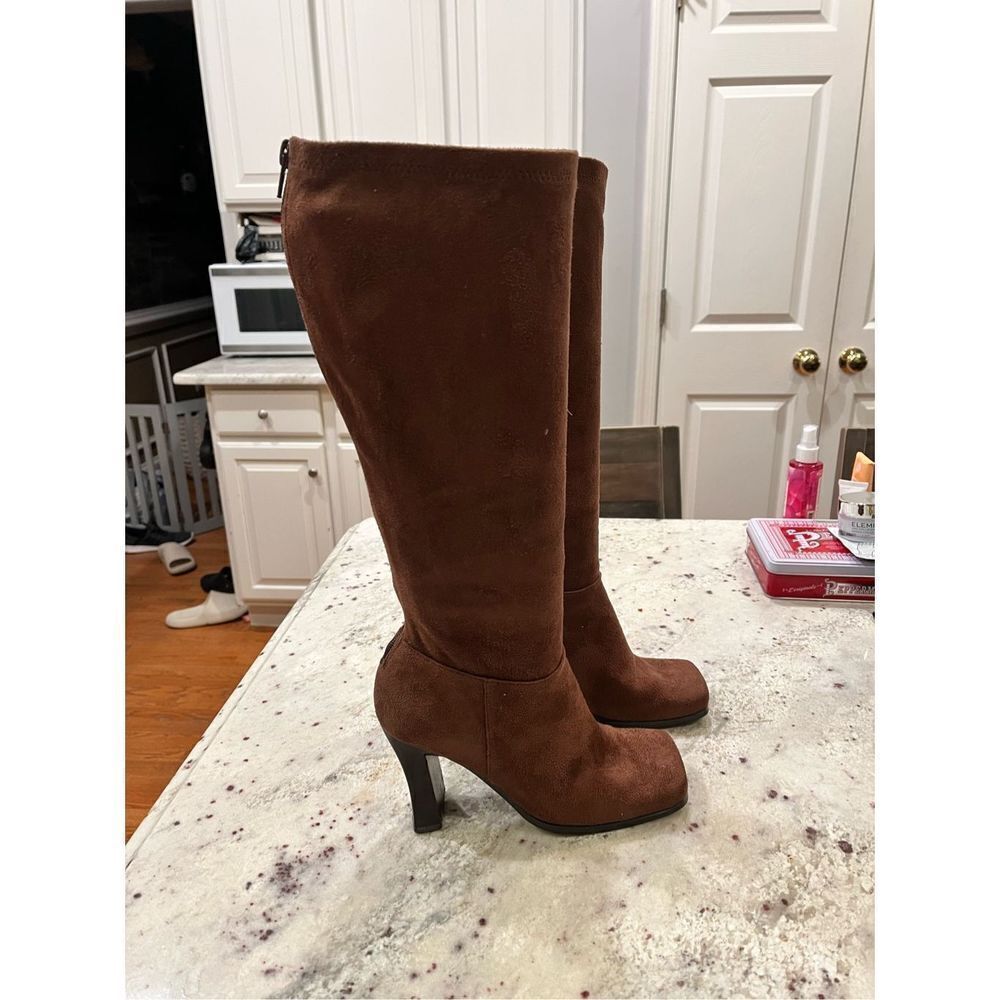 Sam & Libby Jen Brown Faux Stretch Suede Back Zip Boots sz 6